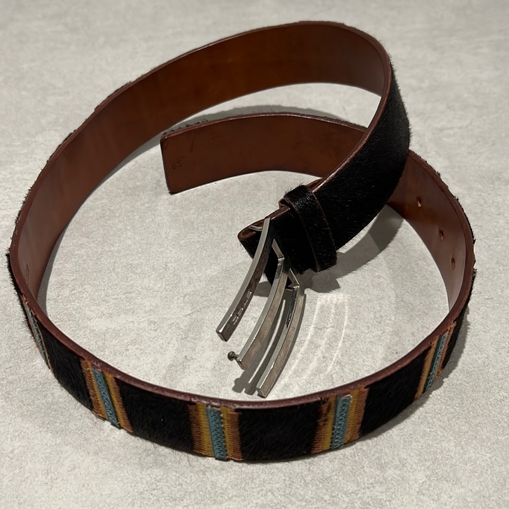 ETRO Milano MEN brown Genuine LEATHER BELT WITH SILVER HARDWARE embroidery